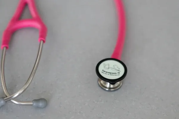 Pinkes Stethoskop mit Logo Tierarztpraxis 19 auf dem Tisch